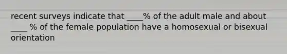 recent surveys indicate that ____% of the adult male and about ____ % of the female population have a homosexual or bisexual orientation