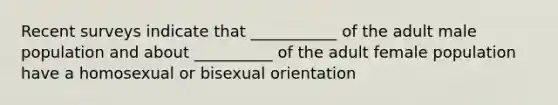 Recent surveys indicate that ___________ of the adult male population and about __________ of the adult female population have a homosexual or bisexual orientation