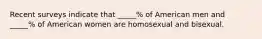 Recent surveys indicate that _____% of American men and _____% of American women are homosexual and bisexual.