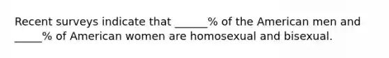 Recent surveys indicate that ______% of the American men and _____% of American women are homosexual and bisexual.