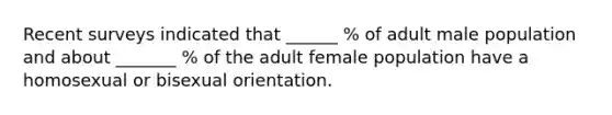 Recent surveys indicated that ______ % of adult male population and about _______ % of the adult female population have a homosexual or bisexual orientation.