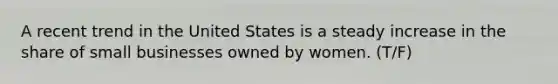 A recent trend in the United States is a steady increase in the share of small businesses owned by women. (T/F)