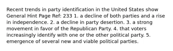 Recent trends in party identification in the United States show General Hint Page Ref: 233 1. a decline of both parties and a rise in independence. 2. a decline in party desertion. 3. a strong movement in favor of the Republican Party. 4. that voters increasingly identify with one or the other political party. 5. emergence of several new and viable political parties.