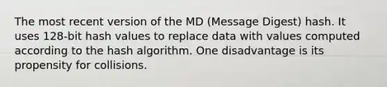 The most recent version of the MD (Message Digest) hash. It uses 128-bit hash values to replace data with values computed according to the hash algorithm. One disadvantage is its propensity for collisions.