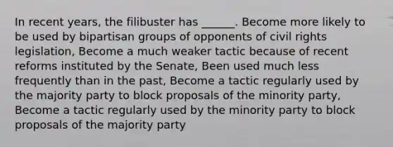 In recent years, the filibuster has ______. Become more likely to be used by bipartisan groups of opponents of civil rights legislation, Become a much weaker tactic because of recent reforms instituted by the Senate, Been used much less frequently than in the past, Become a tactic regularly used by the majority party to block proposals of the minority party, Become a tactic regularly used by the minority party to block proposals of the majority party