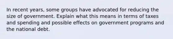 In recent years, some groups have advocated for reducing the size of government. Explain what this means in terms of taxes and spending and possible effects on government programs and the national debt.