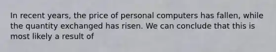 In recent years, the price of personal computers has fallen, while the quantity exchanged has risen. We can conclude that this is most likely a result of