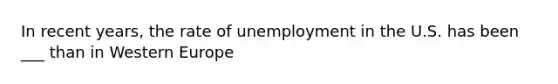 In recent years, the rate of unemployment in the U.S. has been ___ than in Western Europe