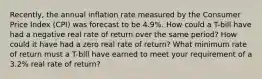 Recently, the annual inflation rate measured by the Consumer Price Index (CPI) was forecast to be 4.9%. How could a T-bill have had a negative real rate of return over the same period? How could it have had a zero real rate of return? What minimum rate of return must a T-bill have earned to meet your requirement of a 3.2% real rate of return?