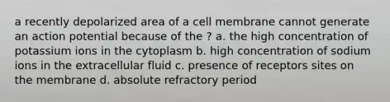 a recently depolarized area of a cell membrane cannot generate an action potential because of the ? a. the high concentration of potassium ions in the cytoplasm b. high concentration of sodium ions in the extracellular fluid c. presence of receptors sites on the membrane d. absolute refractory period