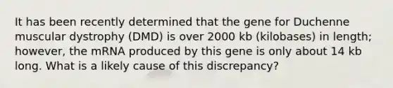 It has been recently determined that the gene for Duchenne muscular dystrophy (DMD) is over 2000 kb (kilobases) in length; however, the mRNA produced by this gene is only about 14 kb long. What is a likely cause of this discrepancy?