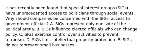 It has recently been found that special interest groups​ (SIGs) have unprecedented access to politicians through social events. Why should companies be concerned with the​ SIGs' access to government​ officials? A. SIGs represent only one side of the political arena. B. SIGs influence elected officials who can change policy. C. SIGs exercise control over activities to prevent terrorism. D. SIGs limit intellectual property protection. E. SIGs do not represent small businesses.