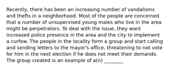 Recently, there has been an increasing number of vandalisms and thefts in a neighborhood. Most of the people are concerned that a number of unsupervised young males who live in the area might be perpetrators. To deal with the issue, they want increased police presence in the area and the city to implement a curfew. The people in the locality form a group and start calling and sending letters to the mayor's office, threatening to not vote for him in the next election if he does not meet their demands. The group created is an example of a(n) ________