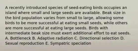 A recently introduced species of seed-eating birds occupies an island where small and large seeds are available. Beak size in the bird population varies from small to large, allowing some birds to be more successful at eating small seeds, while others are more successful at eating large seeds. Birds with intermediate beak size must exert additional effort to eat seeds. A. Bottleneck B. Adaptive radiation C. Directional selection D. Sexual reproduction E. Sympatric speciation