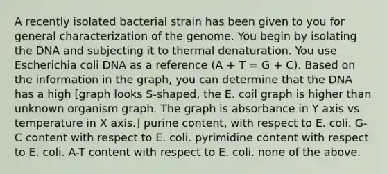 A recently isolated bacterial strain has been given to you for general characterization of the genome. You begin by isolating the DNA and subjecting it to thermal denaturation. You use Escherichia coli DNA as a reference (A + T = G + C). Based on the information in the graph, you can determine that the DNA has a high [graph looks S-shaped, the E. coil graph is higher than unknown organism graph. The graph is absorbance in Y axis vs temperature in X axis.] purine content, with respect to E. coli. G-C content with respect to E. coli. pyrimidine content with respect to E. coli. A-T content with respect to E. coli. none of the above.