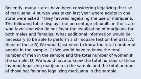 Recently, many states have been considering legalizing the use of marijuana. A survey was taken last year where adults in one state were asked if they favored legalizing the use of marijuana. The following table displays the percentage of adults in the state who favor and who do not favor the legalization of marijuana for both males and females: What additional information would be necessary to be able to perform a chi-square test on the data. A) None of these B) We would just need to know the total number of people in the sample. C) We would have to know the total number of men in the sample and the total number of women in the sample. D) We would have to know the total number of those favoring legalizing marijuana in the sample and the total number of those not favoring legalizing marijuana in the sample.