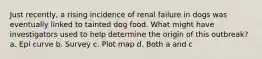 Just recently, a rising incidence of renal failure in dogs was eventually linked to tainted dog food. What might have investigators used to help determine the origin of this outbreak? a. Epi curve b. Survey c. Plot map d. Both a and c