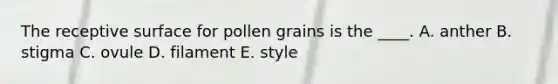 The receptive surface for pollen grains is the ____. A. anther B. stigma C. ovule D. filament E. style