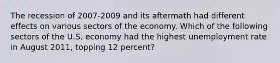 The recession of 2007-2009 and its aftermath had different effects on various sectors of the economy. Which of the following sectors of the U.S. economy had the highest unemployment rate in August 2011, topping 12 percent?