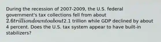 During the recession of 2007-2009, the U.S. federal government's tax collections fell from about 2.6 trillion down to about2.1 trillion while GDP declined by about 4 percent. Does the U.S. tax system appear to have built-in stabilizers?