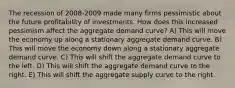 The recession of 2008-2009 made many firms pessimistic about the future profitability of investments. How does this increased pessimism affect the aggregate demand curve? A) This will move the economy up along a stationary aggregate demand curve. B) This will move the economy down along a stationary aggregate demand curve. C) This will shift the aggregate demand curve to the left. D) This will shift the aggregate demand curve to the right. E) This will shift the aggregate supply curve to the right.