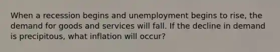 When a recession begins and unemployment begins to rise, the demand for goods and services will fall. If the decline in demand is precipitous, what inflation will occur?