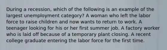 During a recession, which of the following is an example of the largest unemployment category? A woman who left the labor force to raise children and now wants to return to work. A teenager looking for his or her first summer job. A factory worker who is laid off because of a temporary plant closing. A recent college graduate entering the labor force for the first time.