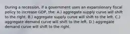 During a recession, if a government uses an expansionary fiscal policy to increase GDP, the: A.) aggregate supply curve will shift to the right. B.) aggregate supply curve will shift to the left. C.) aggregate demand curve will shift to the left. D.) aggregate demand curve will shift to the right.