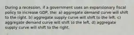 During a recession, if a government uses an expansionary fiscal policy to increase GDP, the: a) aggregate demand curve will shift to the right. b) aggregate supply curve will shift to the left. c) aggregate demand curve will shift to the left. d) aggregate supply curve will shift to the right.