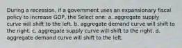 During a recession, if a government uses an expansionary fiscal policy to increase GDP, the Select one: a. aggregate supply curve will shift to the left. b. aggregate demand curve will shift to the right. c. aggregate supply curve will shift to the right. d. aggregate demand curve will shift to the left.