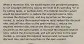 When a recession hits, we would expect the president/congress to run a budget deficit by raising the level of its spending "G" or by cutting taxes, or perhaps both. The Federal reserve system would be expected to: a. reduce the required reserve ratio, increase the discount rate, and buy securities on the open market. b. reduce the required reserve ratio, reduce the discount rate, and sell securities on the open market. c. reduce the required reserve ratio, reduce the discount rate, and buy securities on the open market. d. increase the required reserve ratio, reduce the discount rate, and sell securities on the open market. e. increase the required reserve ratio, increase the discount rate, and sell securities on the open market.