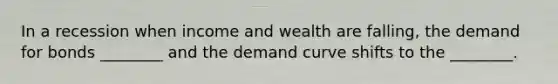 In a recession when income and wealth are falling, the demand for bonds ________ and the demand curve shifts to the ________.