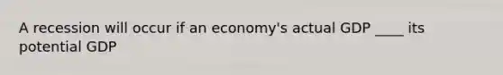 A recession will occur if an economy's actual GDP ____ its potential GDP