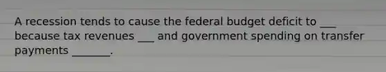 A recession tends to cause the federal budget deficit to ___ because tax revenues ___ and government spending on transfer payments _______.