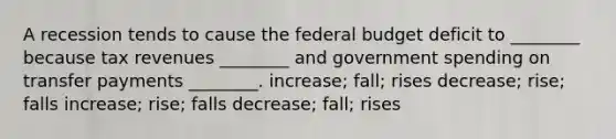 A recession tends to cause <a href='https://www.questionai.com/knowledge/kS29NErBPI-the-federal-budget' class='anchor-knowledge'>the federal budget</a> deficit to ________ because tax revenues ________ and government spending on transfer payments ________. increase; fall; rises decrease; rise; falls increase; rise; falls decrease; fall; rises