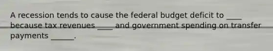 A recession tends to cause the federal budget deficit to ____ because tax revenues ____ and government spending on transfer payments ______.