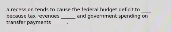 a recession tends to cause the federal budget deficit to ____ because tax revenues ______ and government spending on transfer payments ______.