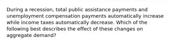 During a recession, total public assistance payments and unemployment compensation payments automatically increase while income taxes automatically decrease. Which of the following best describes the effect of these changes on aggregate demand?