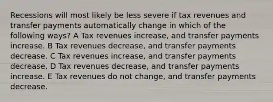 Recessions will most likely be less severe if tax revenues and transfer payments automatically change in which of the following ways? A Tax revenues increase, and transfer payments increase. B Tax revenues decrease, and transfer payments decrease. C Tax revenues increase, and transfer payments decrease. D Tax revenues decrease, and transfer payments increase. E Tax revenues do not change, and transfer payments decrease.