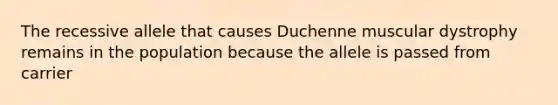 The recessive allele that causes Duchenne muscular dystrophy remains in the population because the allele is passed from carrier