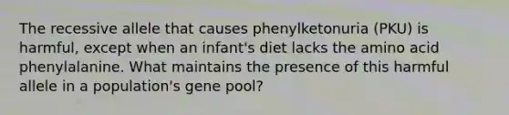 The recessive allele that causes phenylketonuria (PKU) is harmful, except when an infant's diet lacks the amino acid phenylalanine. What maintains the presence of this harmful allele in a population's gene pool?