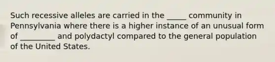Such recessive alleles are carried in the _____ community in Pennsylvania where there is a higher instance of an unusual form of _________ and polydactyl compared to the general population of the United States.