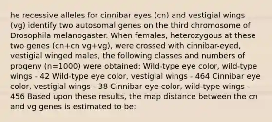 he recessive alleles for cinnibar eyes (cn) and vestigial wings (vg) identify two autosomal genes on the third chromosome of Drosophila melanogaster. When females, heterozygous at these two genes (cn+cn vg+vg), were crossed with cinnibar-eyed, vestigial winged males, the following classes and numbers of progeny (n=1000) were obtained: Wild-type eye color, wild-type wings - 42 Wild-type eye color, vestigial wings - 464 Cinnibar eye color, vestigial wings - 38 Cinnibar eye color, wild-type wings - 456 Based upon these results, the map distance between the cn and vg genes is estimated to be: