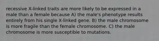 recessive X-linked traits are more likely to be expressed in a male than a female because A) the male's phenotype results entirely from his single X-linked gene. B) the male chromosome is more fragile than the female chromosome. C) the male chromosome is more susceptible to mutations.