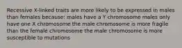 Recessive X-linked traits are more likely to be expressed in males than females because: males have a Y chromosome males only have one X chromosome the male chromosome is more fragile than the female chromosome the male chromosome is more susceptible to mutations