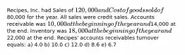 Recipes, Inc. had Sales of 120,000 and Cost of goods sold of80,000 for the year. All sales were credit sales. Accounts receivable was 10,000 at the beginning of the year and14,000 at the end. Inventory was 18,000 at the beginning of the year and22,000 at the end. Recipes' accounts receivables turnover equals: a) 4.0 b) 10.0 c) 12.0 d) 8.6 e) 6.7