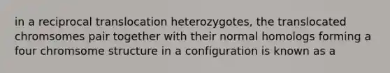 in a reciprocal translocation heterozygotes, the translocated chromsomes pair together with their normal homologs forming a four chromsome structure in a configuration is known as a