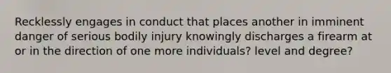 Recklessly engages in conduct that places another in imminent danger of serious bodily injury knowingly discharges a firearm at or in the direction of one more individuals? level and degree?