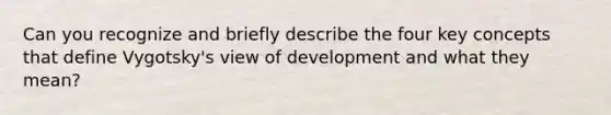 Can you recognize and briefly describe the four key concepts that define Vygotsky's view of development and what they mean?