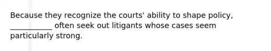 Because they recognize the courts' ability to shape policy, ___________ often seek out litigants whose cases seem particularly strong.